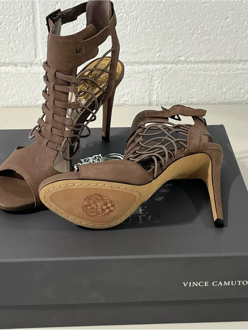 Vince Camuto Brown Lace-Up Caged Stiletto Sandals